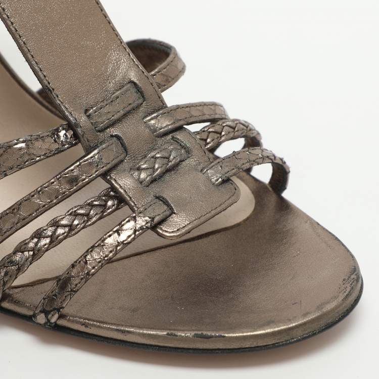 Pre Owned Dior Size 37 Metallic Metalic Leather and Python Leather Ankle Strap Sandals