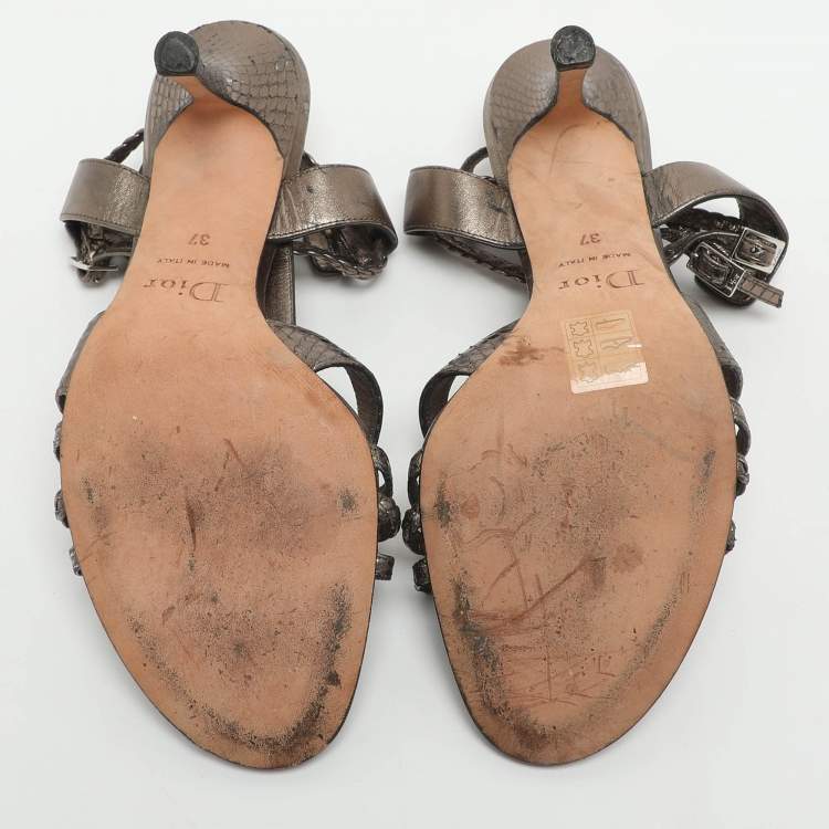 Pre Owned Dior Size 37 Metallic Metalic Leather and Python Leather Ankle Strap Sandals