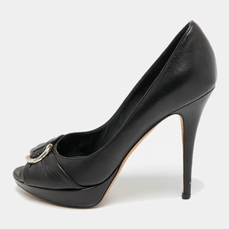 Pre Owned Dior Size 37 Black Leather Peep Toe Platform Pumps 