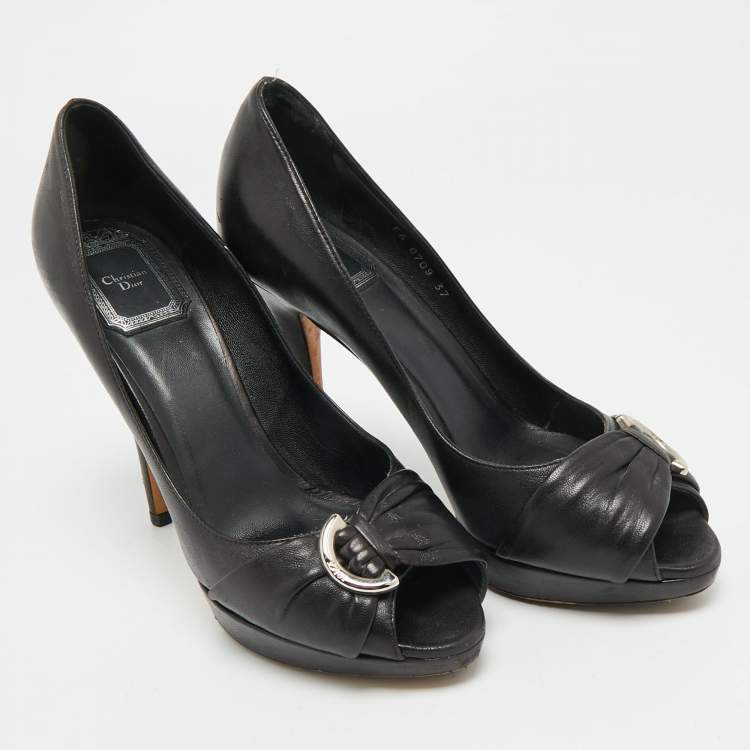 Pre Owned Dior Size 37 Black Leather Peep Toe Platform Pumps 