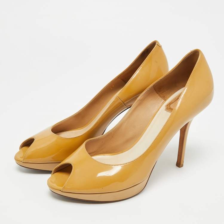 Pre Owned Dior Miss Dior Size 39 Beige Patent Leather Platform Peep Toe Pumps