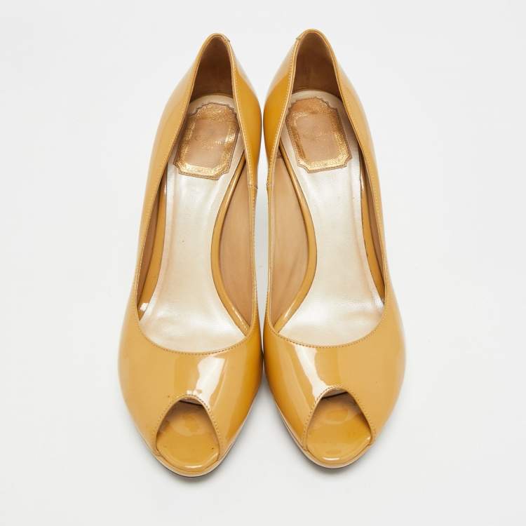 Pre Owned Dior Miss Dior Size 39 Beige Patent Leather Platform Peep Toe Pumps