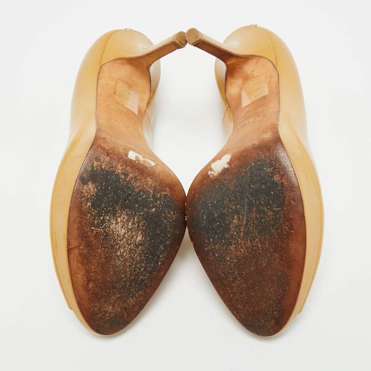 Pre Owned Dior Miss Dior Size 39 Beige Patent Leather Platform Peep Toe Pumps