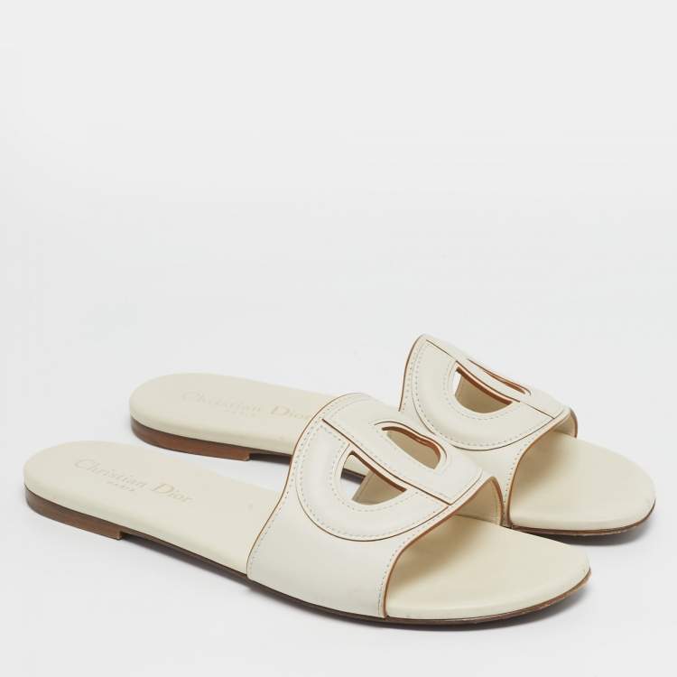 Pre Owned Dior D Club Size 38.5 Off White Leather Flat Slide Sandals