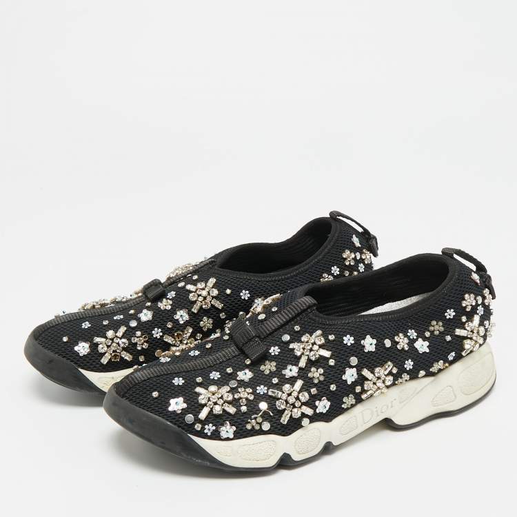 Pre Owned Dior Fusion Size 35 Black Mesh Crystal Embellished Slip On Sneakers