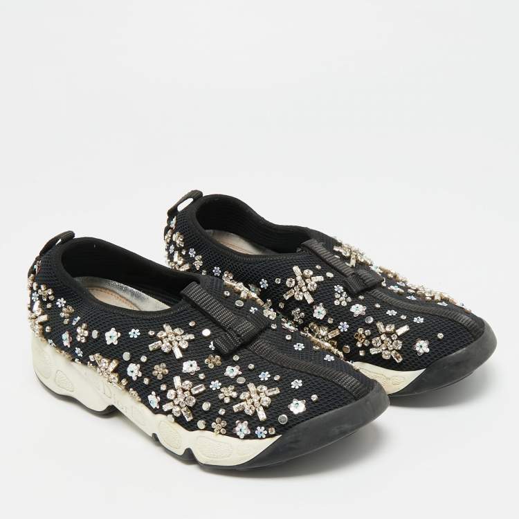Pre Owned Dior Fusion Size 35 Black Mesh Crystal Embellished Slip On Sneakers