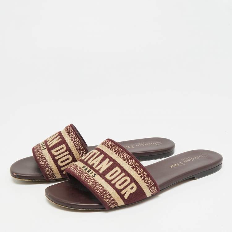 Pre Owned Dior Dway Size 36.5 Burgundy/Beige Embroidered Canvas Flat Slide Sandals
