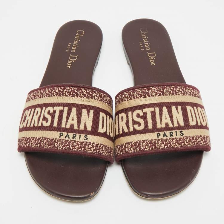 Pre Owned Dior Dway Size 36.5 Burgundy/Beige Embroidered Canvas Flat Slide Sandals