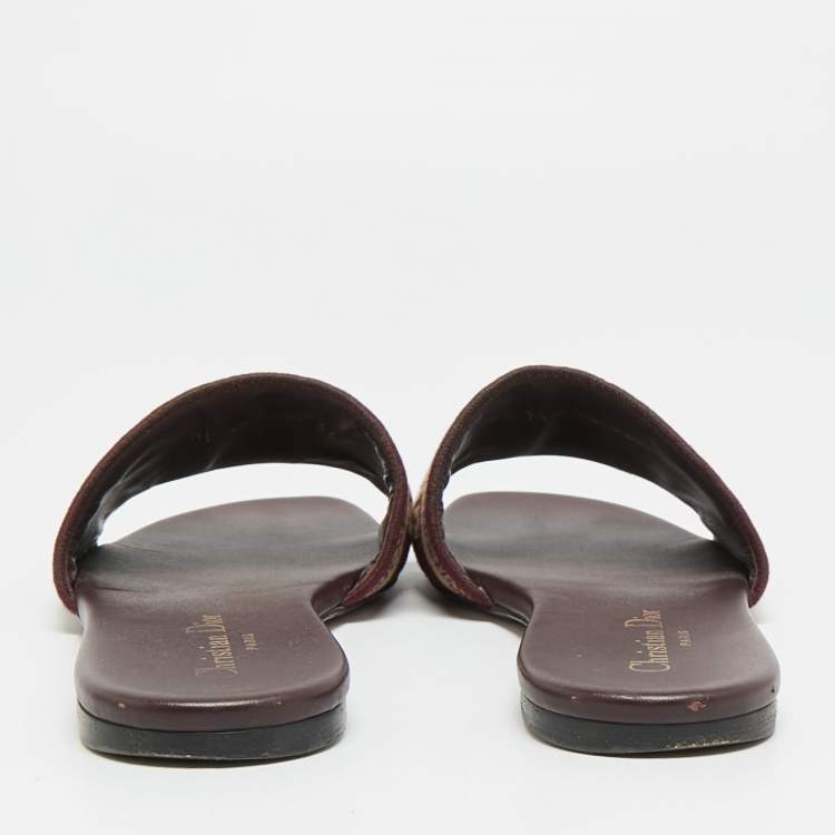 Pre Owned Dior Dway Size 36.5 Burgundy/Beige Embroidered Canvas Flat Slide Sandals