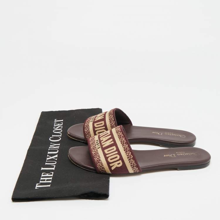 Pre Owned Dior Dway Size 36.5 Burgundy/Beige Embroidered Canvas Flat Slide Sandals