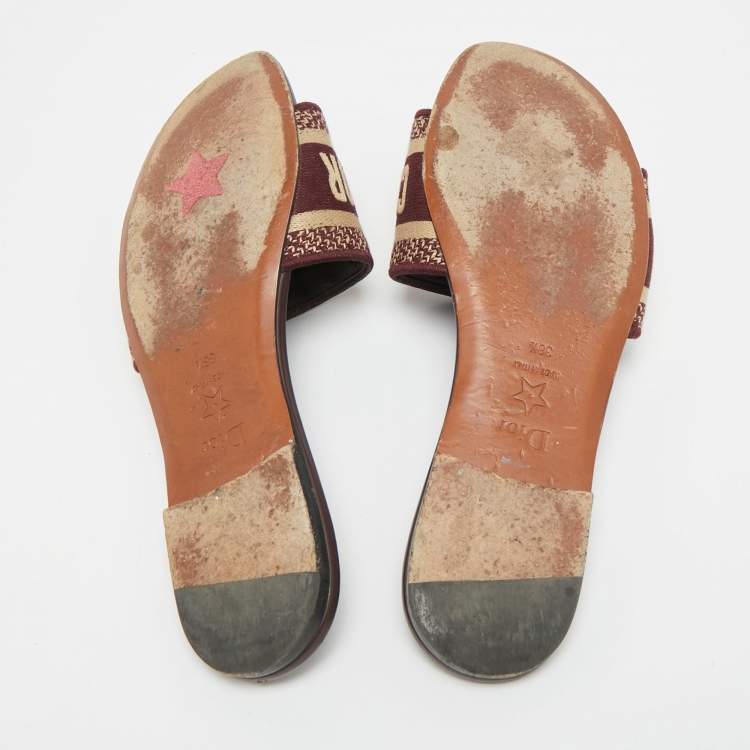 Pre Owned Dior Dway Size 36.5 Burgundy/Beige Embroidered Canvas Flat Slide Sandals