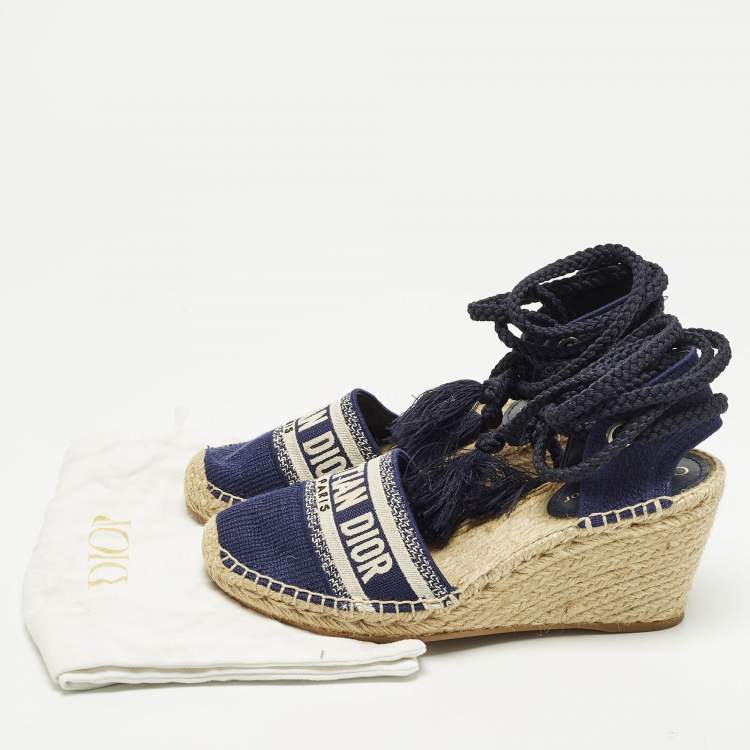 Pre Owned Dior Granville Size 40.5 Navy Blue Knit Fabric Wedge Sandals