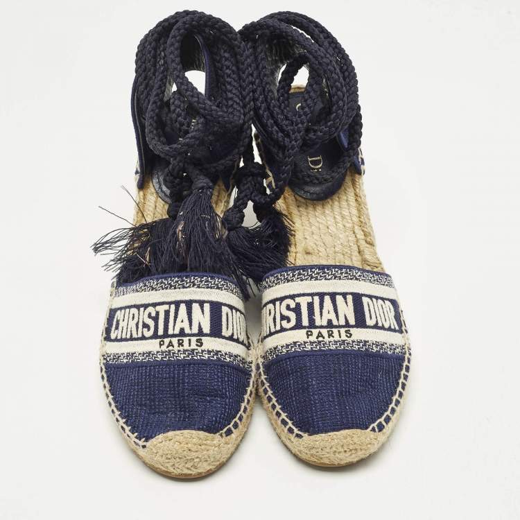 Pre Owned Dior Granville Size 40.5 Navy Blue Knit Fabric Wedge Sandals