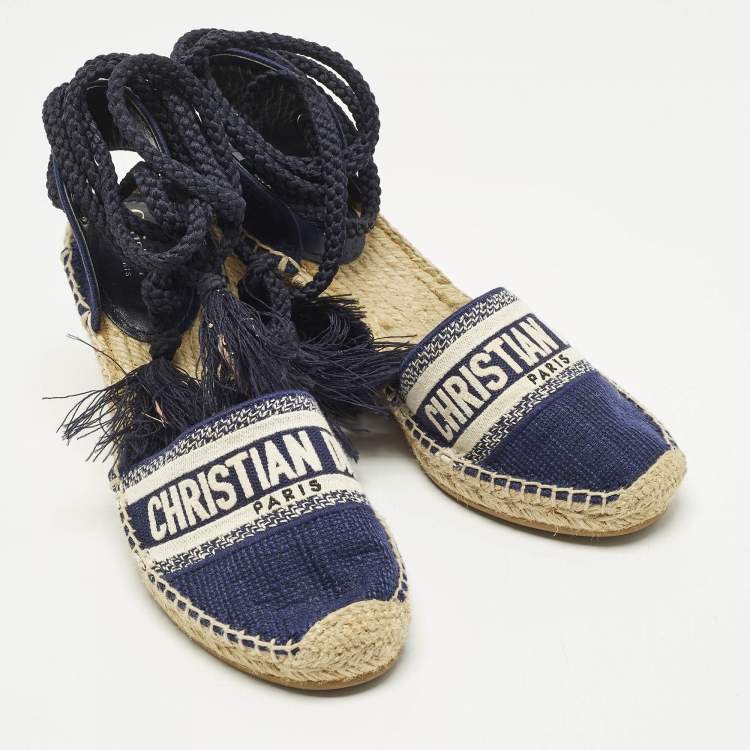 Pre Owned Dior Granville Size 40.5 Navy Blue Knit Fabric Wedge Sandals