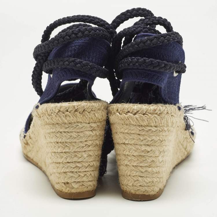 Pre Owned Dior Granville Size 40.5 Navy Blue Knit Fabric Wedge Sandals