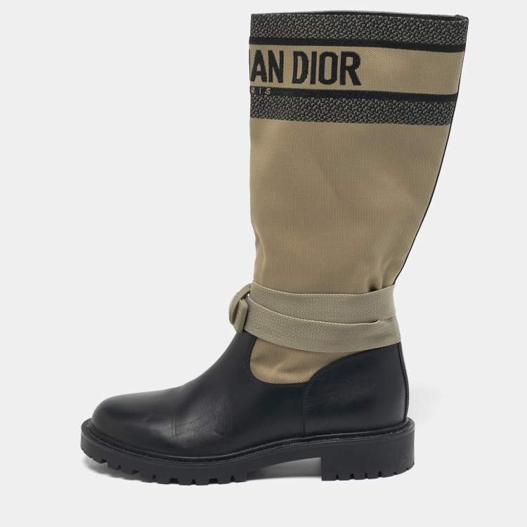 Pre Owned Dior D-major Size 38 Black/Beige Canvas and Leather Mid Calf Boots