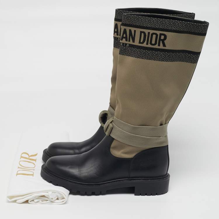 Pre Owned Dior D-major Size 38 Black/Beige Canvas and Leather Mid Calf Boots