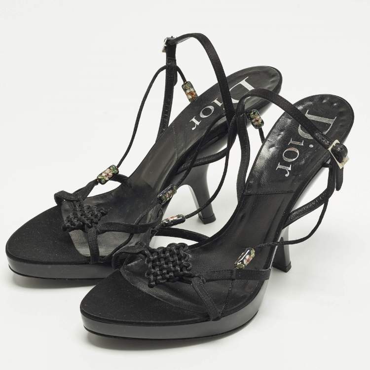 Pre Owned Dior Size 40.5 Black Satin Embellished  Ankle Strap Sandals