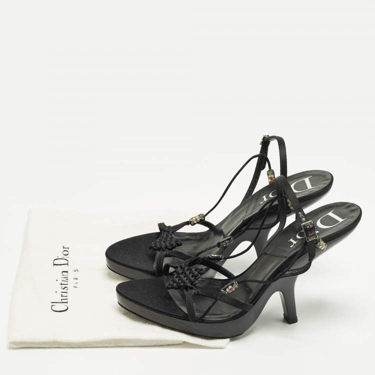 Pre Owned Dior Size 40.5 Black Satin Embellished  Ankle Strap Sandals