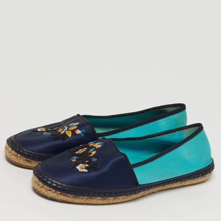 Pre Owned Dior Size 37.5 Two Tone Leather and Satin Embroidered Logos Flower Espadrille Flats