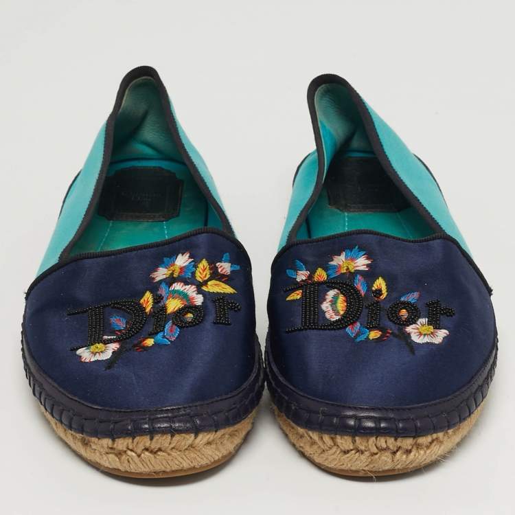 Pre Owned Dior Size 37.5 Two Tone Leather and Satin Embroidered Logos Flower Espadrille Flats