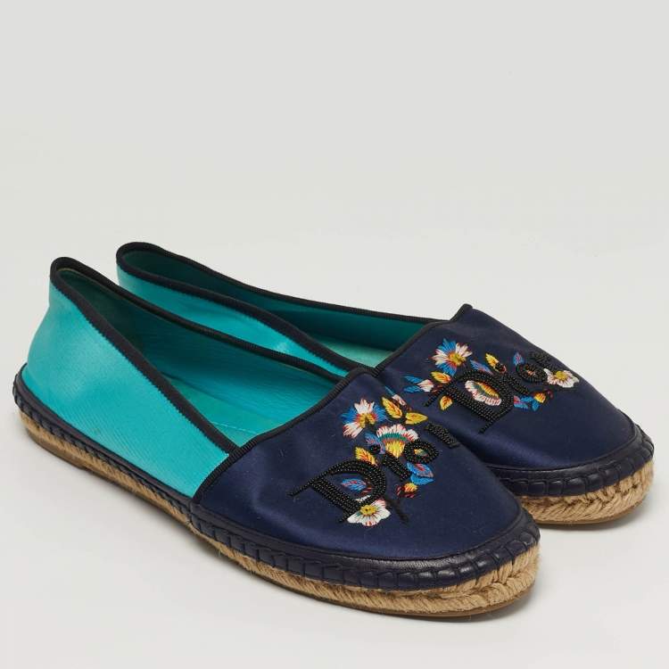 Pre Owned Dior Size 37.5 Two Tone Leather and Satin Embroidered Logos Flower Espadrille Flats