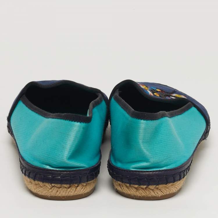 Pre Owned Dior Size 37.5 Two Tone Leather and Satin Embroidered Logos Flower Espadrille Flats