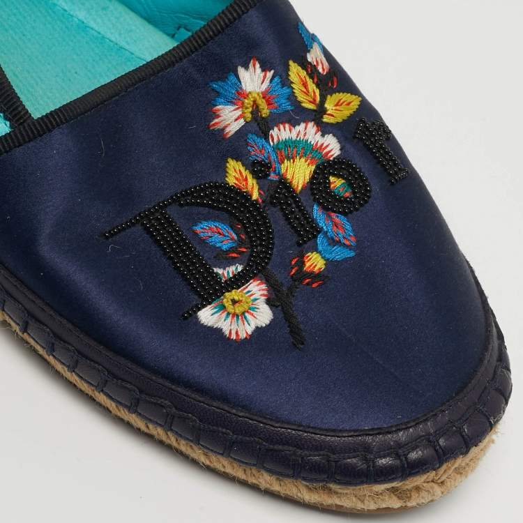 Pre Owned Dior Size 37.5 Two Tone Leather and Satin Embroidered Logos Flower Espadrille Flats