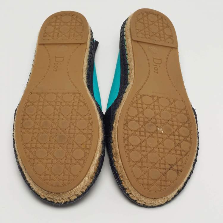 Pre Owned Dior Size 37.5 Two Tone Leather and Satin Embroidered Logos Flower Espadrille Flats