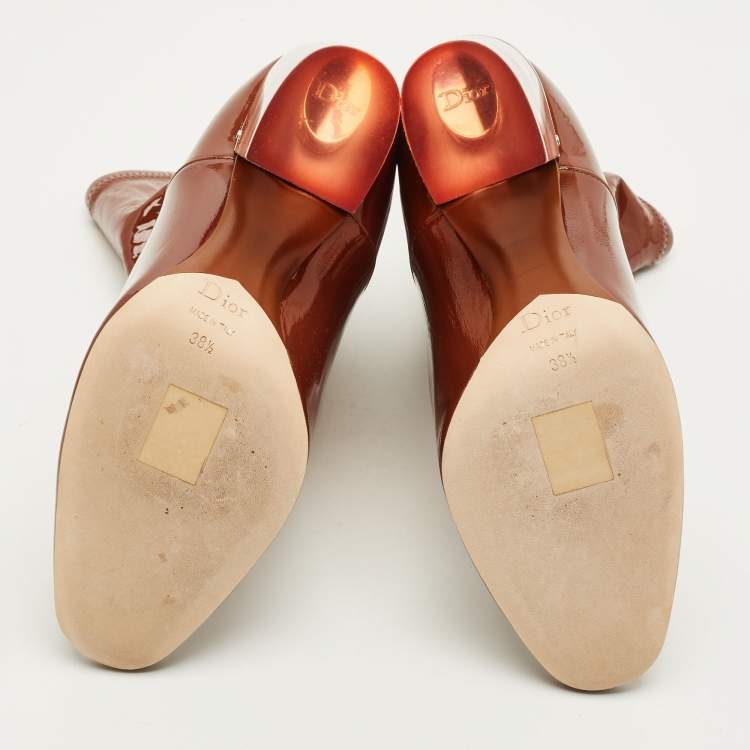 Pre Owned Dior Size 38.5 Brown Patent Leather Clear Heel Ankle Length Boots