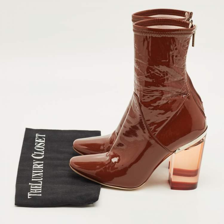 Pre Owned Dior Size 38.5 Brown Patent Leather Clear Heel Ankle Length Boots