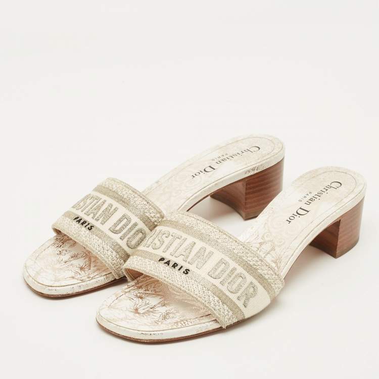 Pre Owned Dior Dway Size 38 Cream/Grey Canvas Slide Sandals