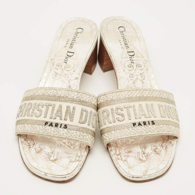 Pre Owned Dior Dway Size 38 Cream/Grey Canvas Slide Sandals