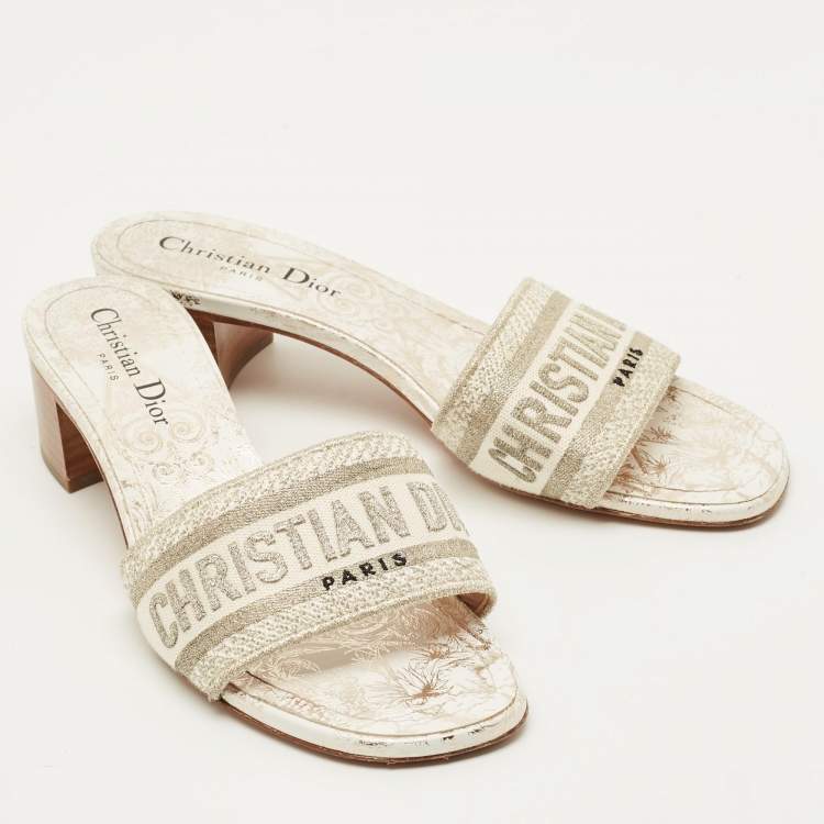 Pre Owned Dior Dway Size 38 Cream/Grey Canvas Slide Sandals