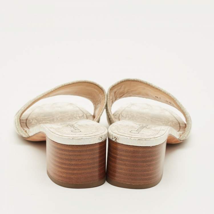 Pre Owned Dior Dway Size 38 Cream/Grey Canvas Slide Sandals