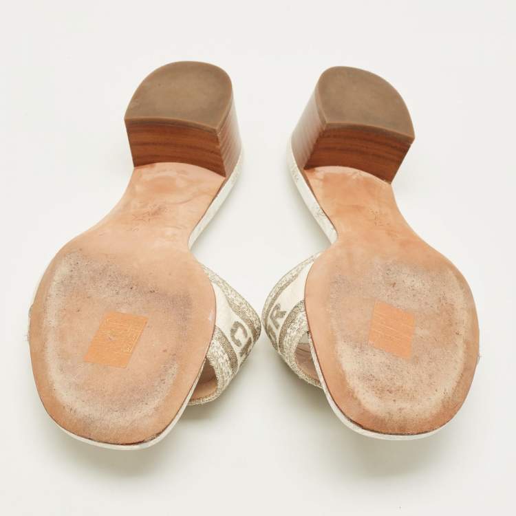 Pre Owned Dior Dway Size 38 Cream/Grey Canvas Slide Sandals
