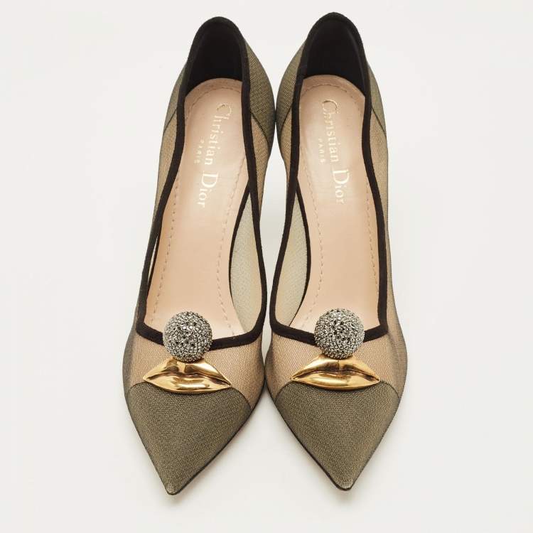 Pre Owned Dior Surreal Eye Size 38 Beige/Black Mesh and Suede Pumps