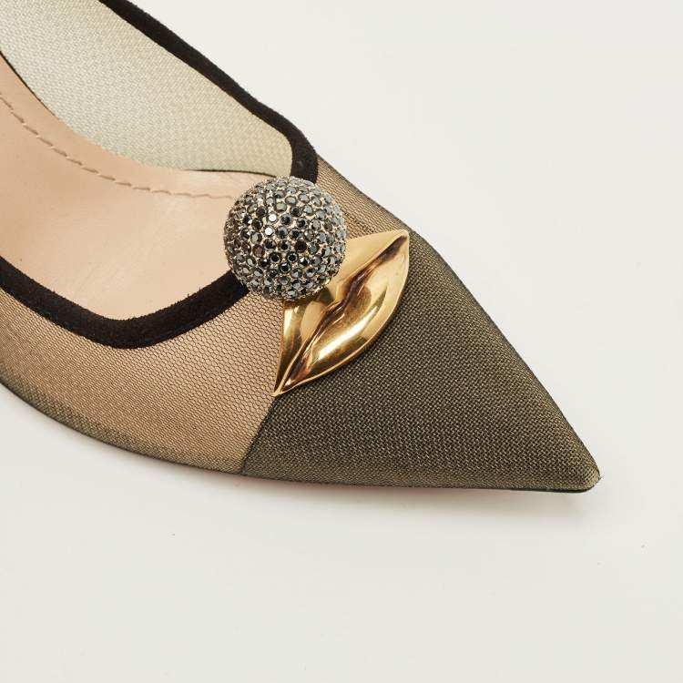 Pre Owned Dior Surreal Eye Size 38 Beige/Black Mesh and Suede Pumps