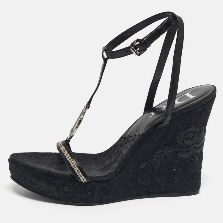Pre Owned Dior Size 41 Black Flower Embroidered Diorissima Canvas and Leather Wedge Ankle Strap Sandals