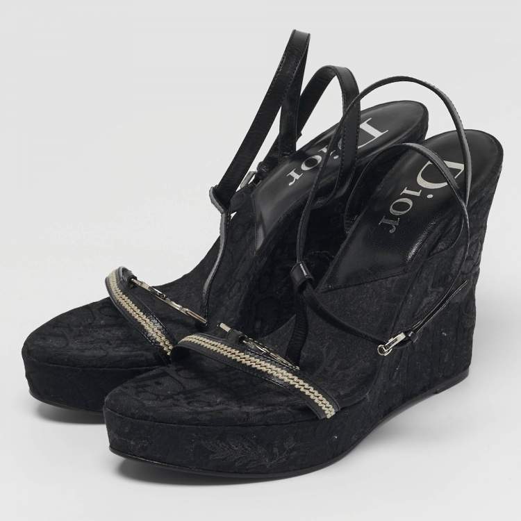 Pre Owned Dior Size 41 Black Flower Embroidered Diorissima Canvas and Leather Wedge Ankle Strap Sandals