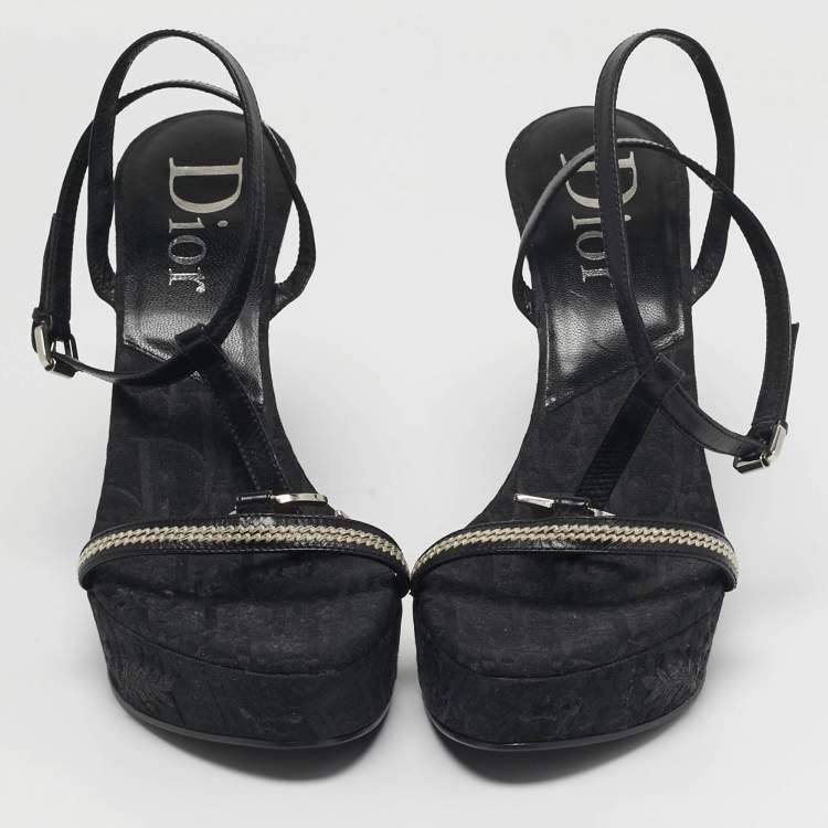 Pre Owned Dior Size 41 Black Flower Embroidered Diorissima Canvas and Leather Wedge Ankle Strap Sandals