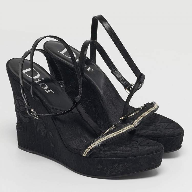 Pre Owned Dior Size 41 Black Flower Embroidered Diorissima Canvas and Leather Wedge Ankle Strap Sandals