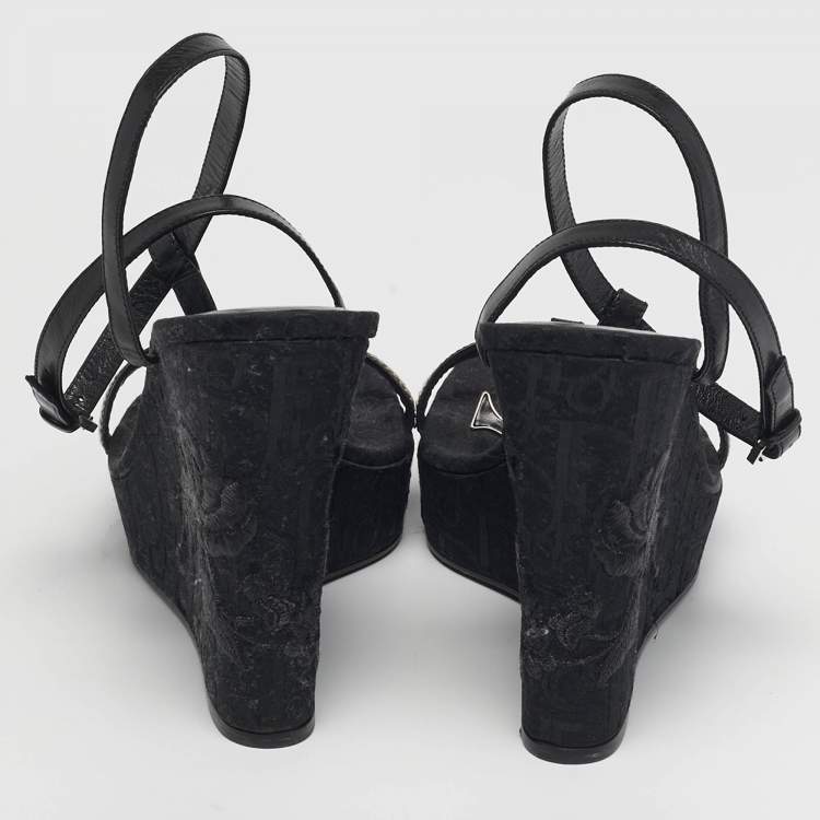 Pre Owned Dior Size 41 Black Flower Embroidered Diorissima Canvas and Leather Wedge Ankle Strap Sandals