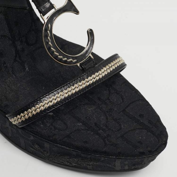 Pre Owned Dior Size 41 Black Flower Embroidered Diorissima Canvas and Leather Wedge Ankle Strap Sandals