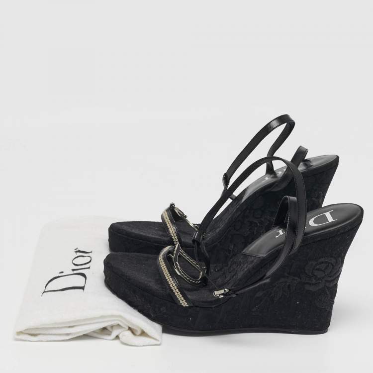 Pre Owned Dior Size 41 Black Flower Embroidered Diorissima Canvas and Leather Wedge Ankle Strap Sandals