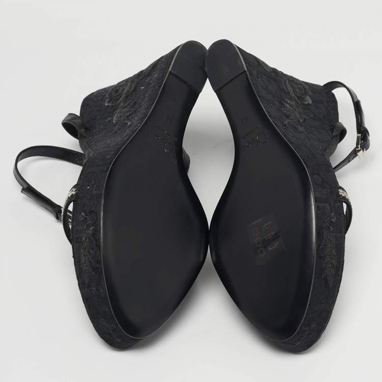 Pre Owned Dior Size 41 Black Flower Embroidered Diorissima Canvas and Leather Wedge Ankle Strap Sandals