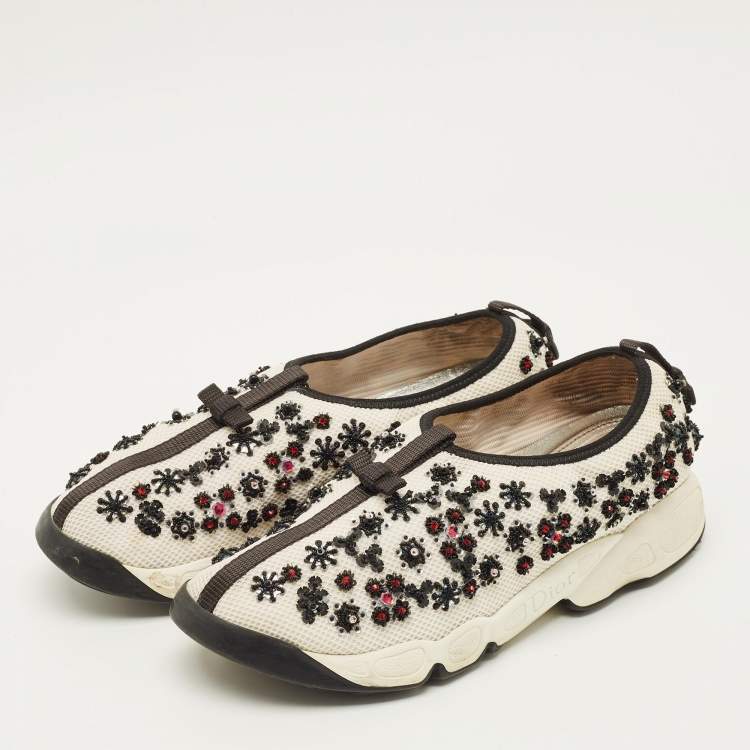 Pre Owned Dior Fusion Size 40 White/Black Mesh Embellished Slip On Sneakers