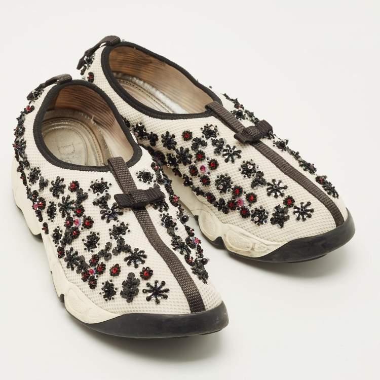 Pre Owned Dior Fusion Size 40 White/Black Mesh Embellished Slip On Sneakers