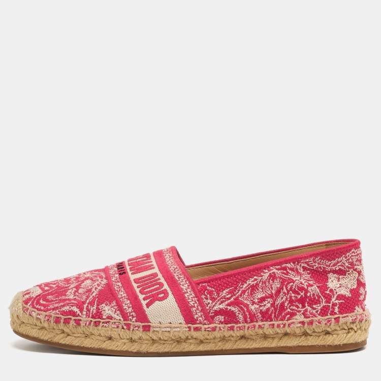 Pre Owned Dior  Size 37.5 Red/Off White Embroidered Canvas Granville Espadrille Flats