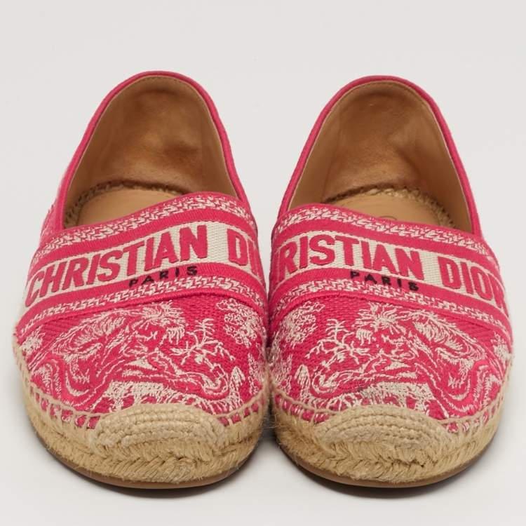 Pre Owned Dior  Size 37.5 Red/Off White Embroidered Canvas Granville Espadrille Flats